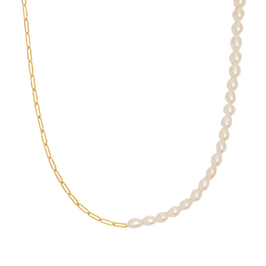 Freshwater Pearl & Gold Chain Necklace – Half Pearl Half Link Waterproof Choker