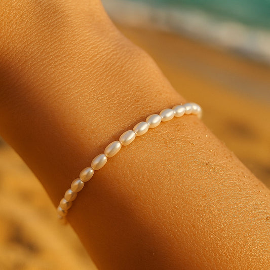 Freshwater pearl bracelet worn at the beach