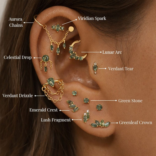 Green ear stack with moss agate earrings including cartilage, helix and lobe piercings in gold finish