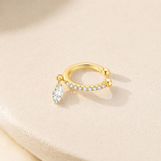 Gold ear cuff no piercing with teardrop cubic zirconia drop, clip-on cartilage earring elegant design