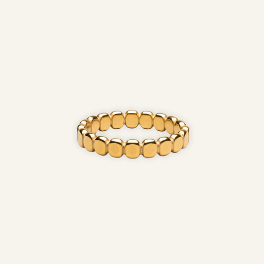 Minimalist golden beads ring with smooth square beads design, perfect for stacking and everyday wear.