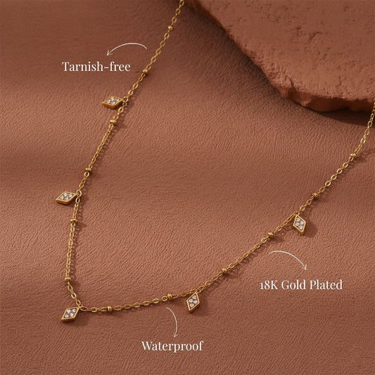 Gold dainty charm necklace detail, waterproof, tarnish-free and 18k gold plated satellite chain