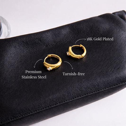 Gold huggie hoop earrings with white zircon made of stainless steel, waterproof tarnish free jewelry
