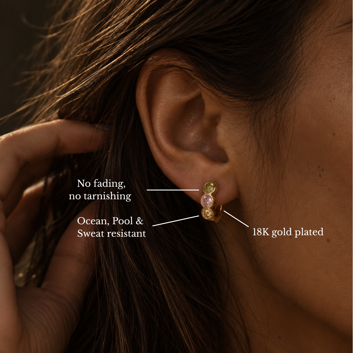18K gold plated three stone huggie earring – waterproof and tarnish-resistant jewelry