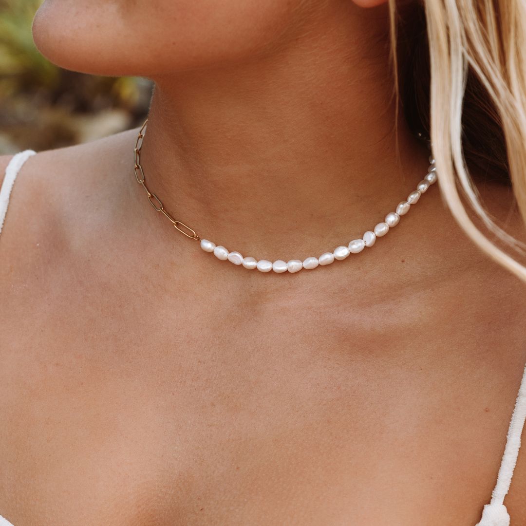 Freshwater Pearl & Gold Chain Necklace – Half Pearl Half Link Waterproof Choker