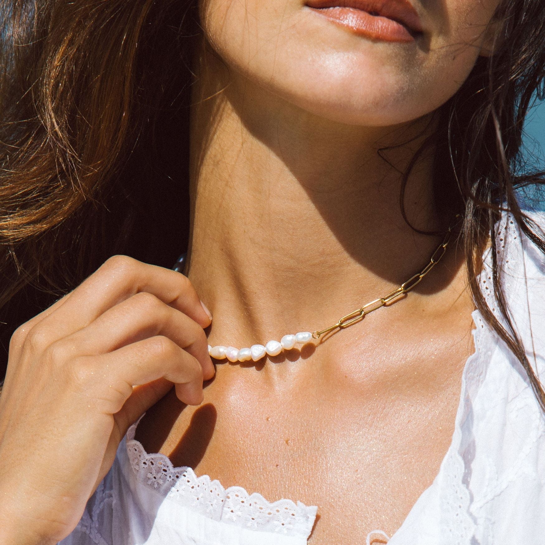 Freshwater Pearl & Gold Chain Necklace – Half Pearl Half Link Waterproof Choker