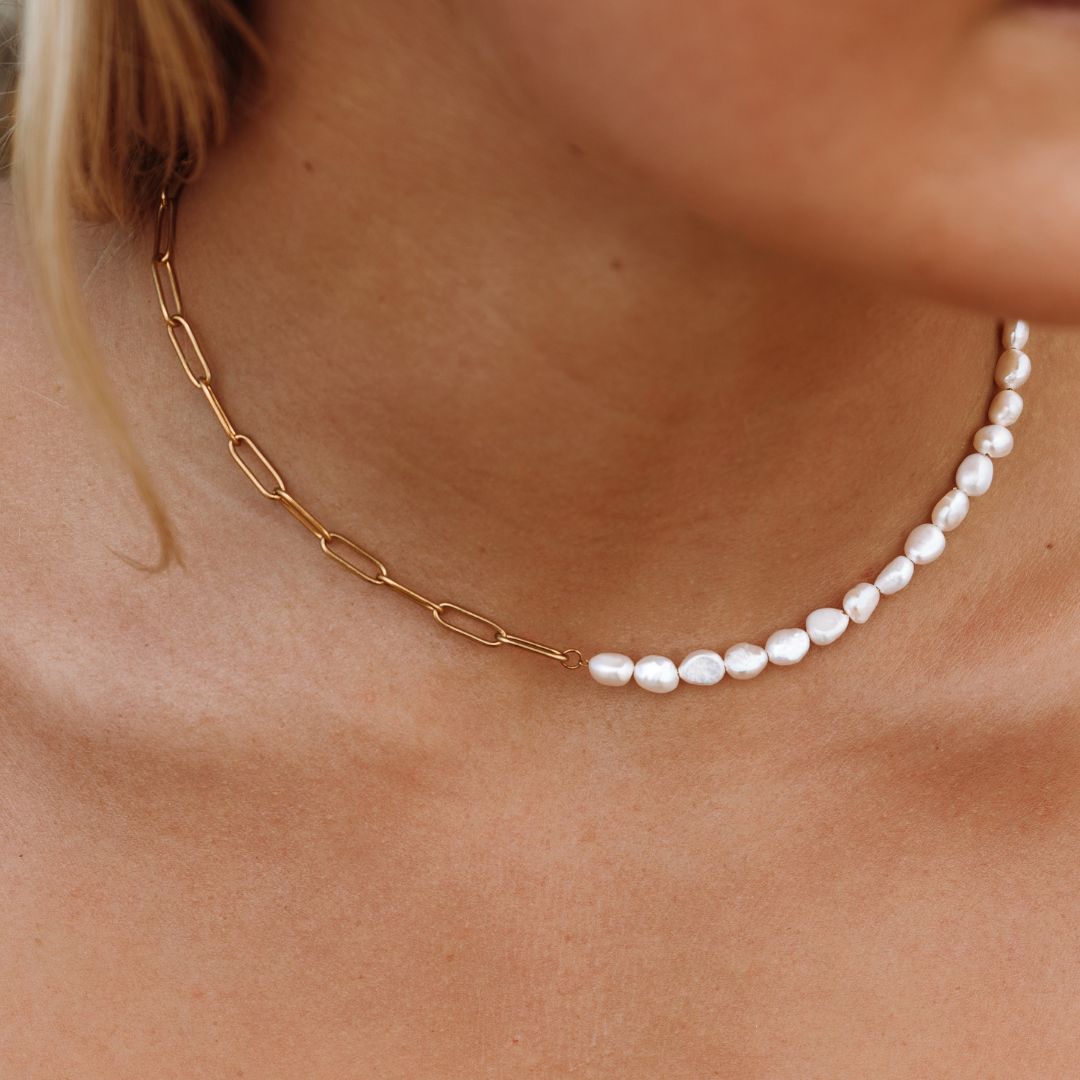 Freshwater Pearl & Gold Chain Necklace – Half Pearl Half Link Waterproof Choker