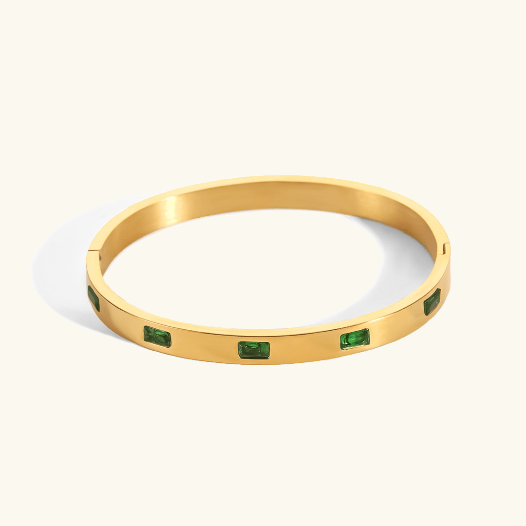 Gold Bangle Bracelet with Green Diamond Simulants – Waterproof and Elegant 18k Gold plated Jewelry