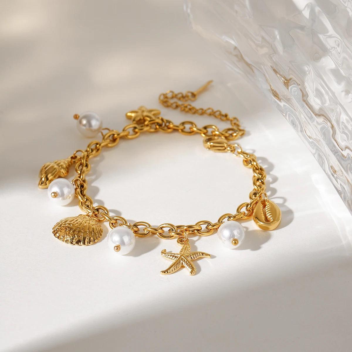 Gold Shell & Pearl Charm Bracelet – Waterproof Beach Jewelry