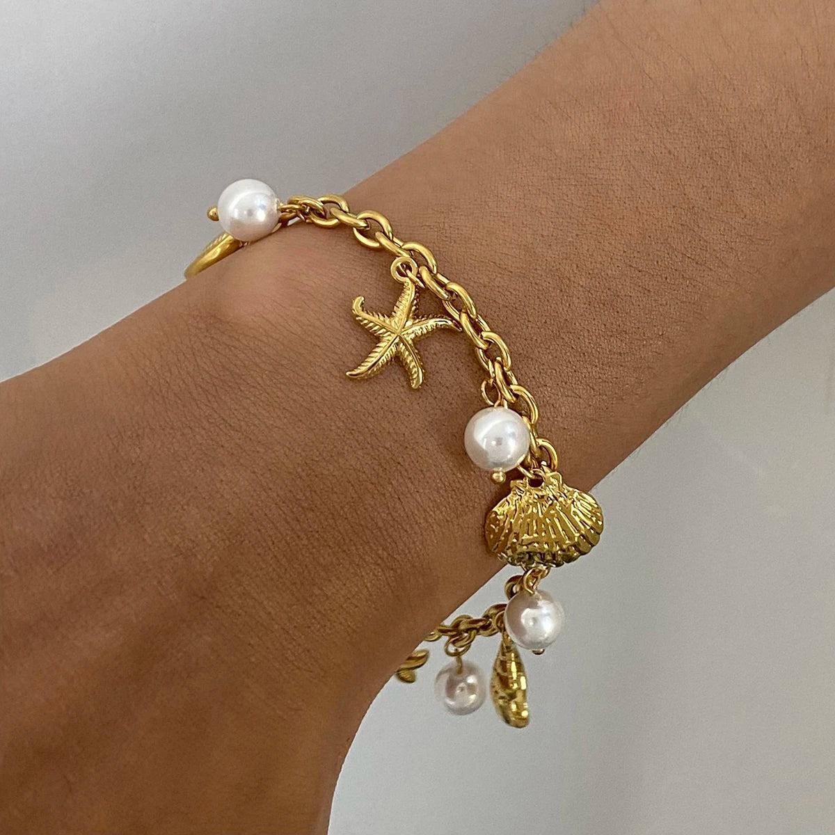 Gold Shell & Pearl Charm Bracelet – Waterproof Beach Jewelry
