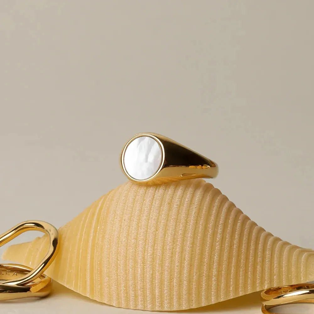 Gold signet ring with iridescent shell inlay, waterproof and tarnish-resistant jewelry