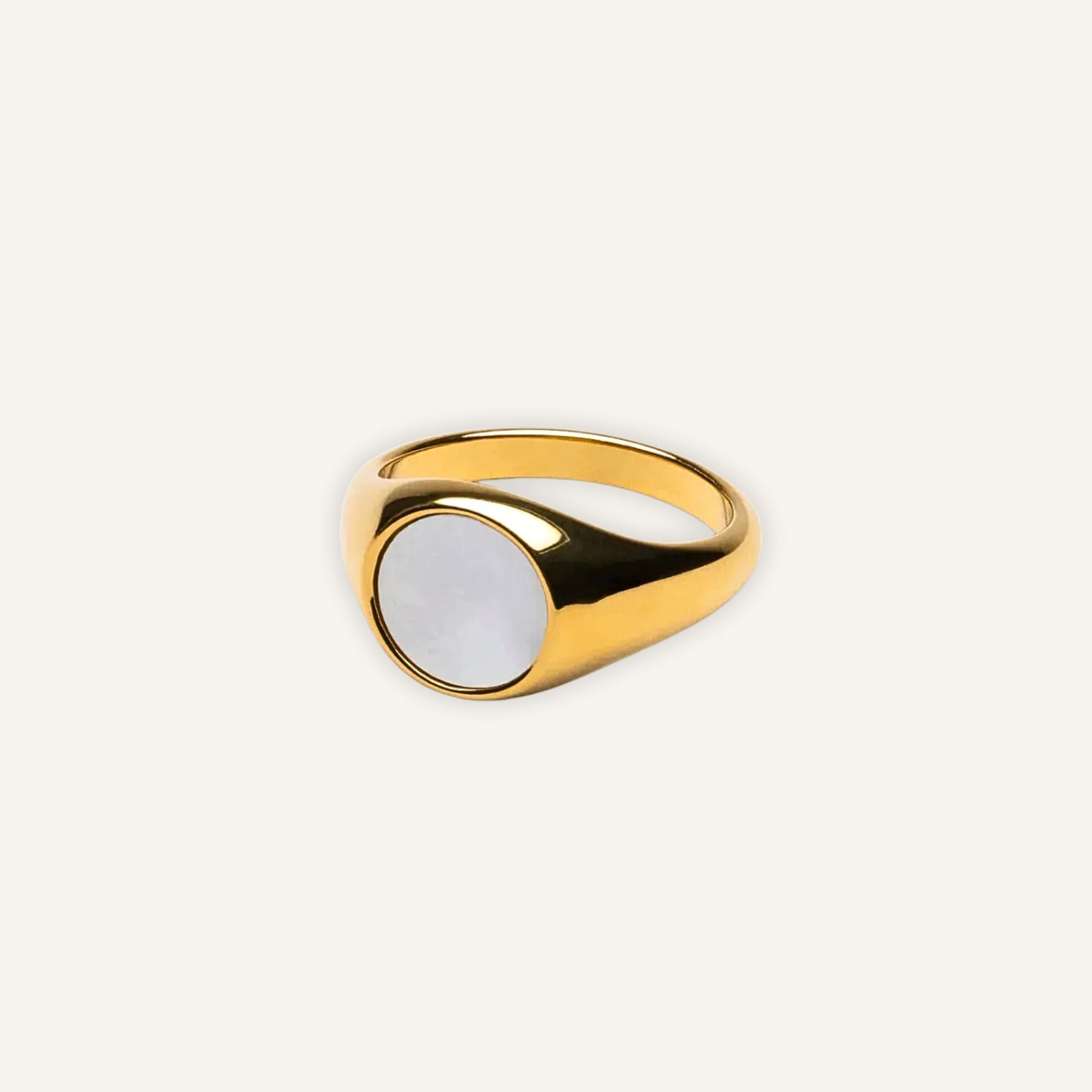 Gold signet ring with iridescent shell inlay, waterproof and tarnish-resistant jewelry