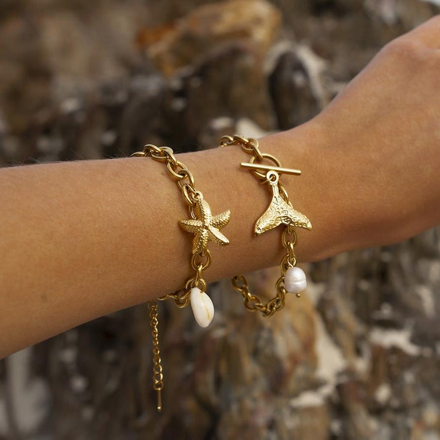 Starfish & Seashell Charm Bracelet – Waterproof Gold or Silver Chain Jewelry