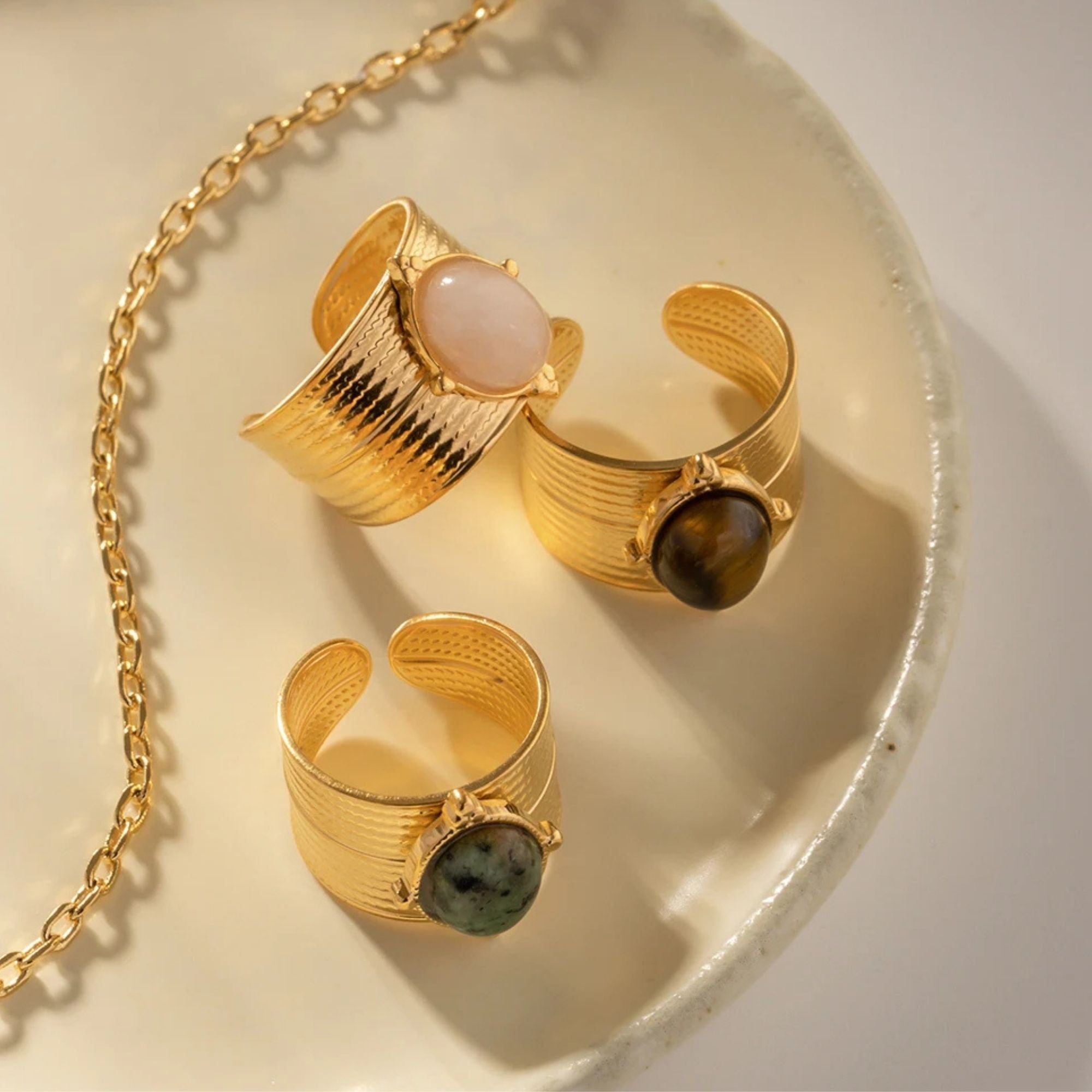 Adjustable gemstone rings in gold with Rose Quartz, Tiger’s Eye, and Green Jasper – waterproof statement jewelry