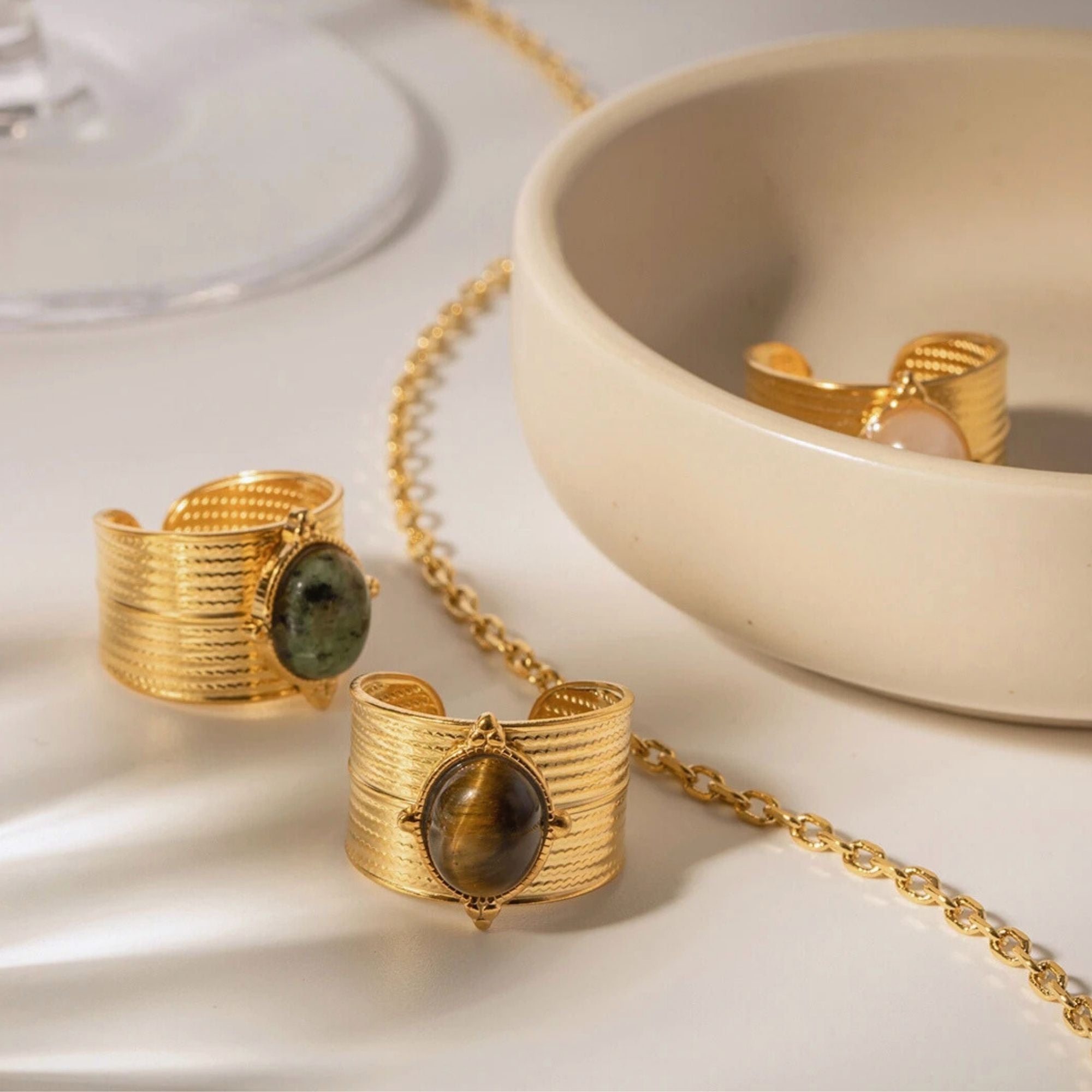 Open adjustable gold rings with Rose Quartz, Tiger’s Eye, and Green Jasper gemstones