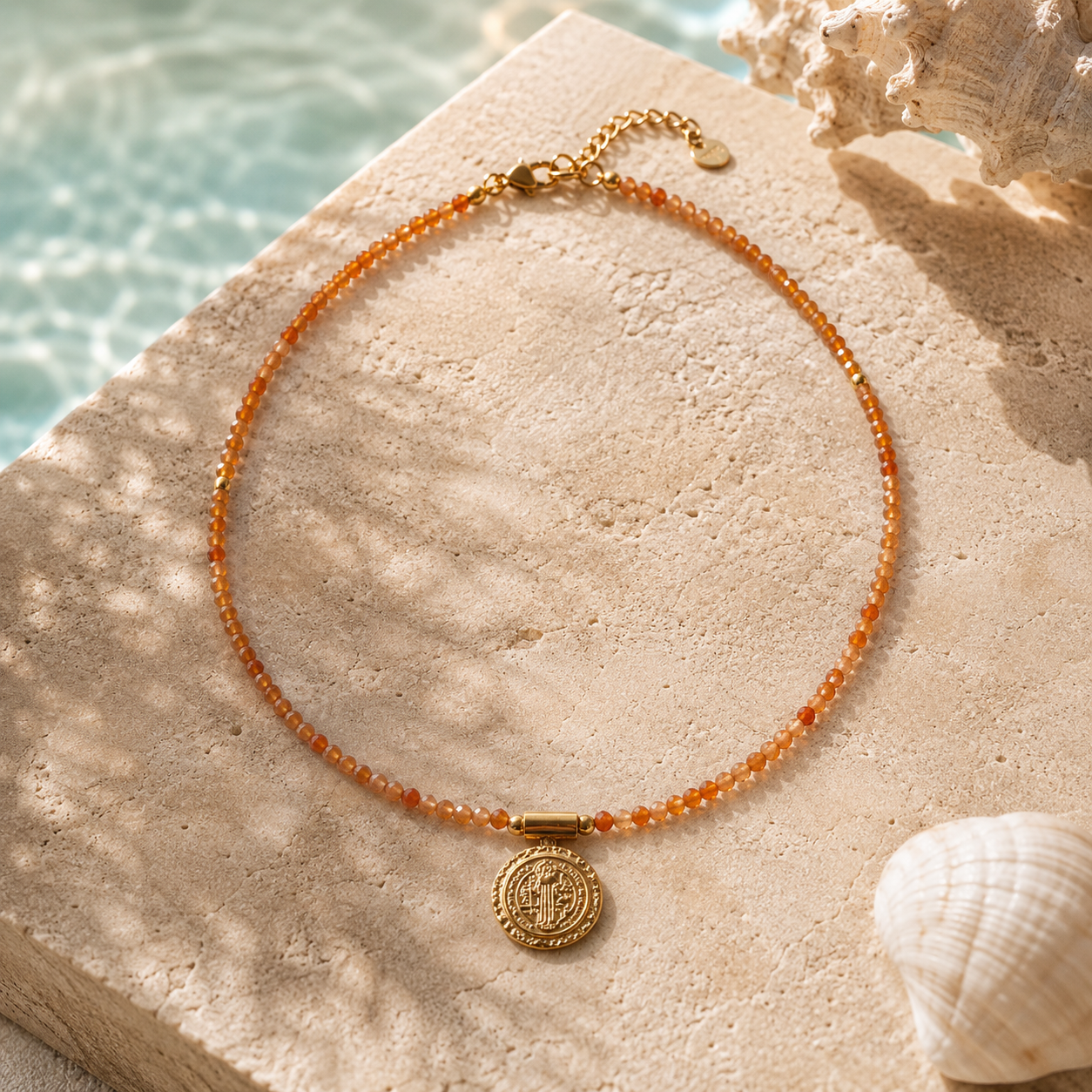 Waterproof amber beaded necklace with gold medallion pendant