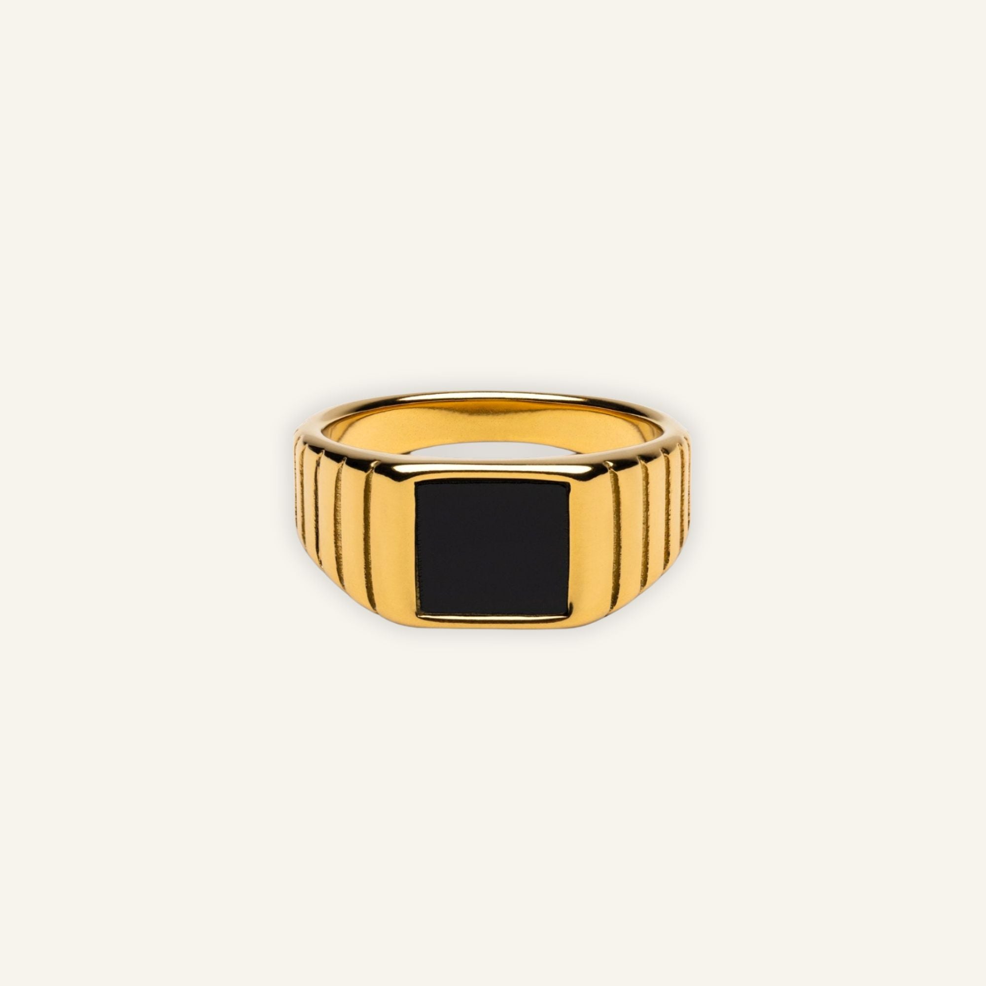 Gold statement ring with rectangular black onyx stone, waterproof and tarnish-resistant jewelry