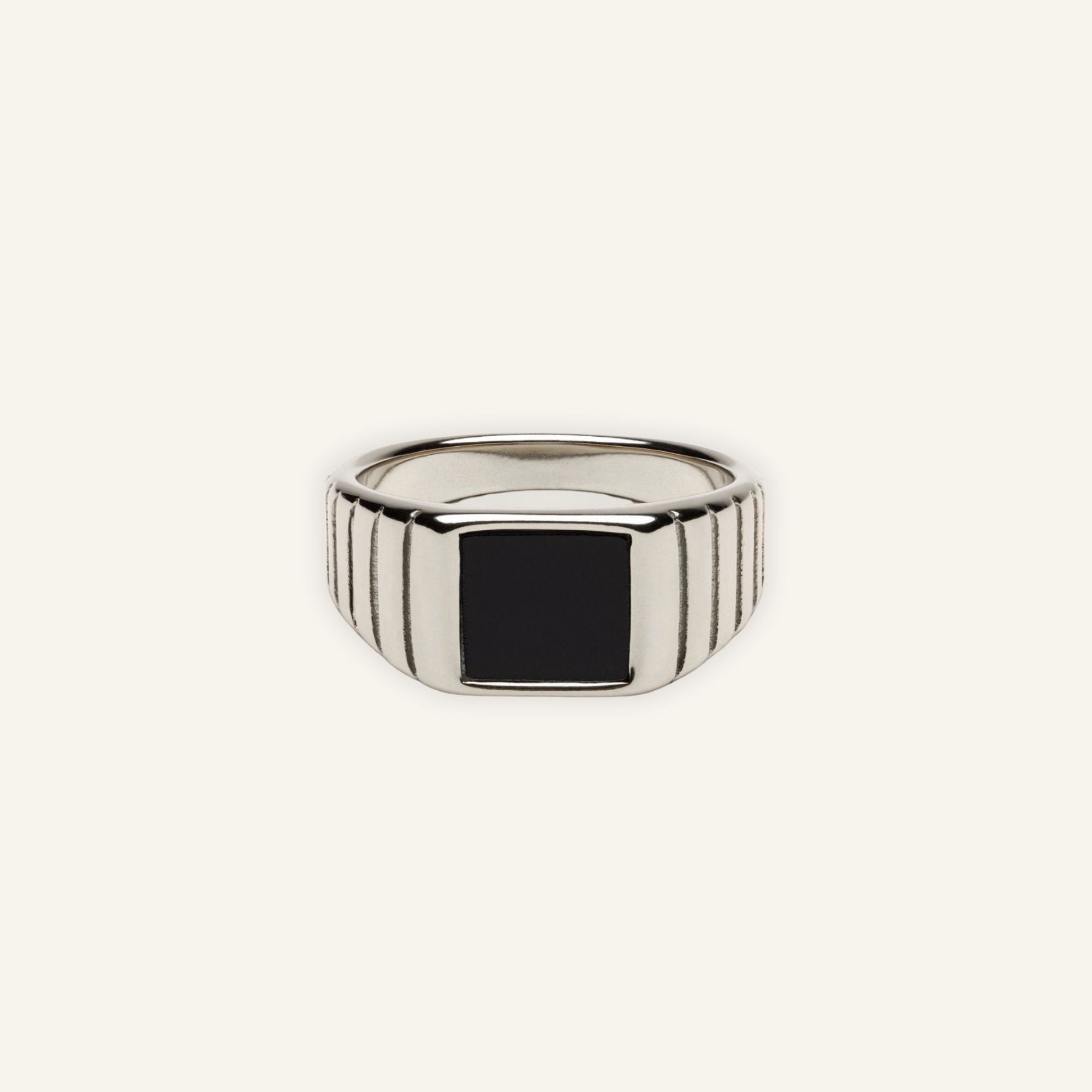 Silver statement ring with rectangular black onyx stone, waterproof and tarnish-resistant jewelry