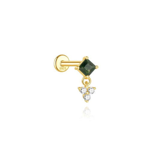 Drop earring with natural green stone and crystal cluster in gold plated sterling silver