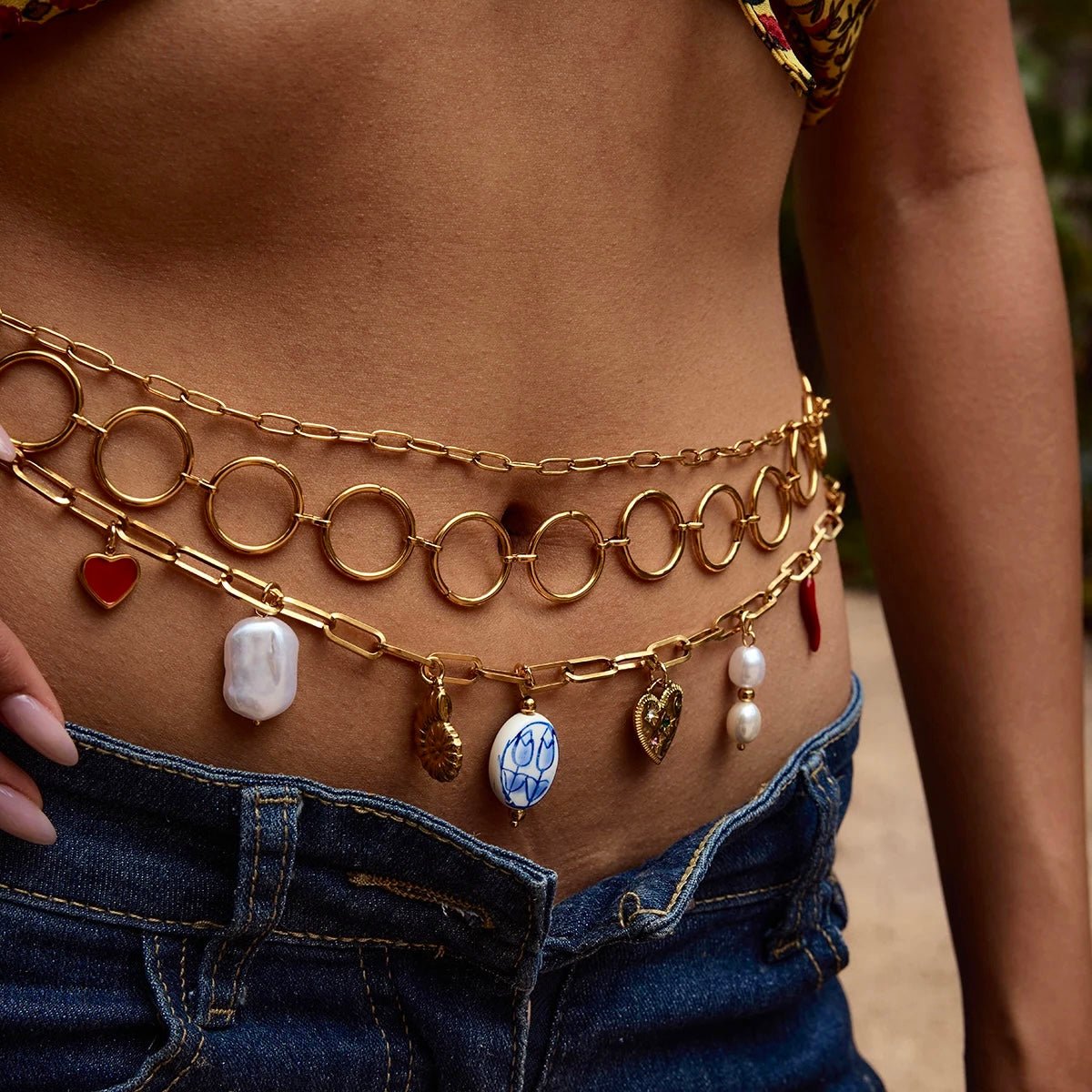 Gold Leaf Boho Waist Chain 41” 14k Solid Gold Belly Chain Set: Clover & Star Layered Waist  main image 4
