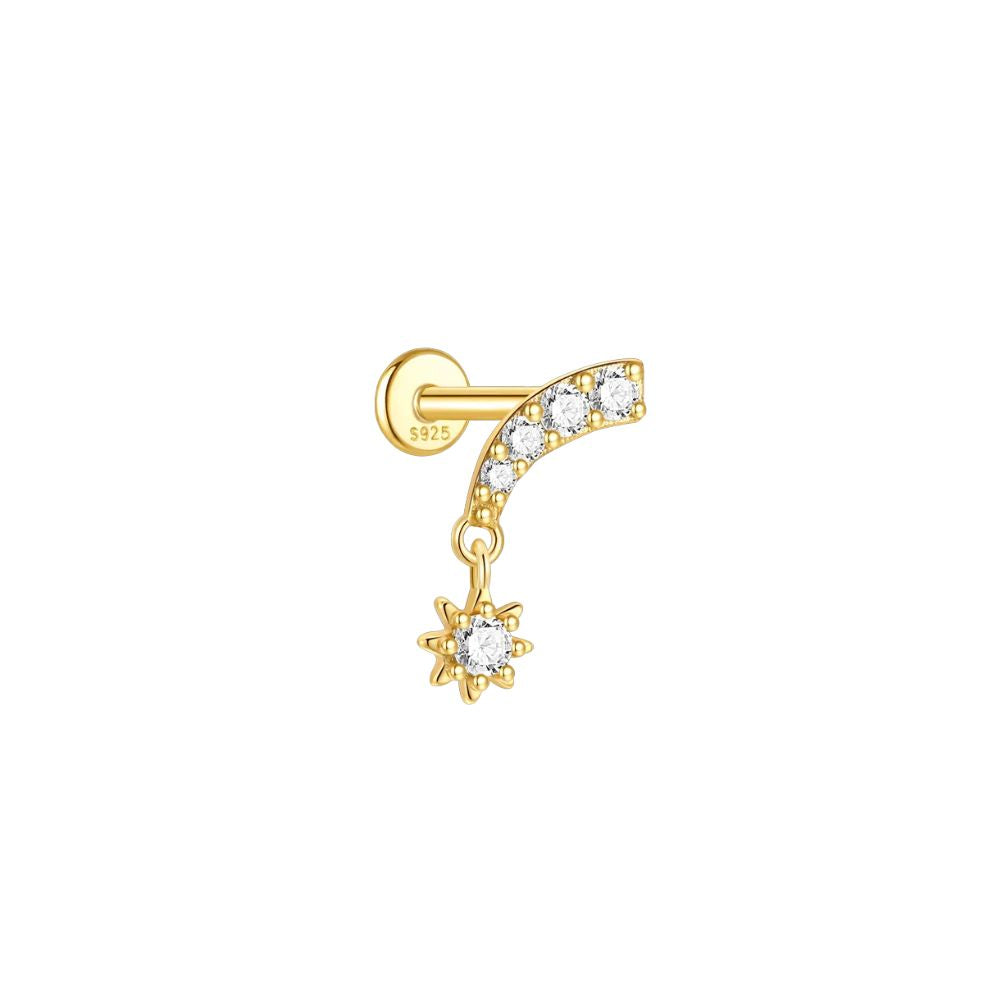 Celeste Curve gold cartilage stud earring with cubic zirconia and dangling star detail on white background