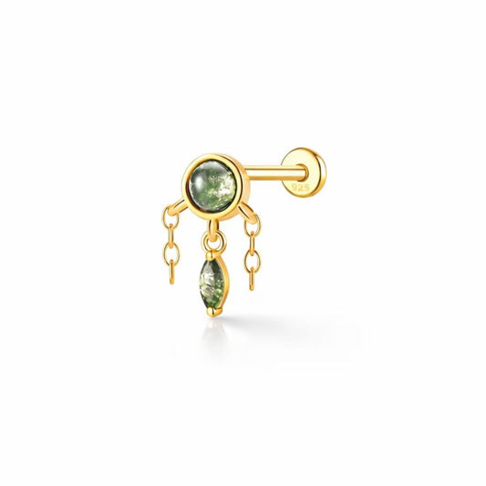 Gold dangle helix earring with chains and moss agate stone