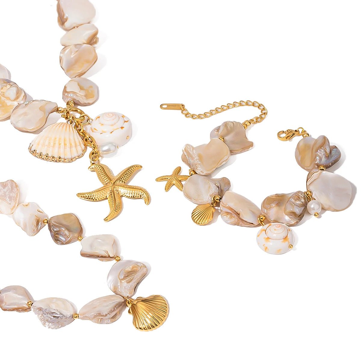 Close-up of shell charms and natural beads on waterproof gold jewelry set