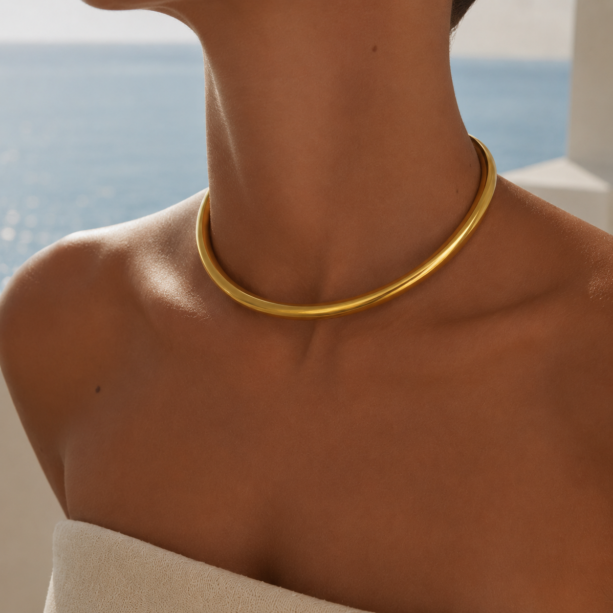 Close-up of waterproof stainless steel gold collar necklace