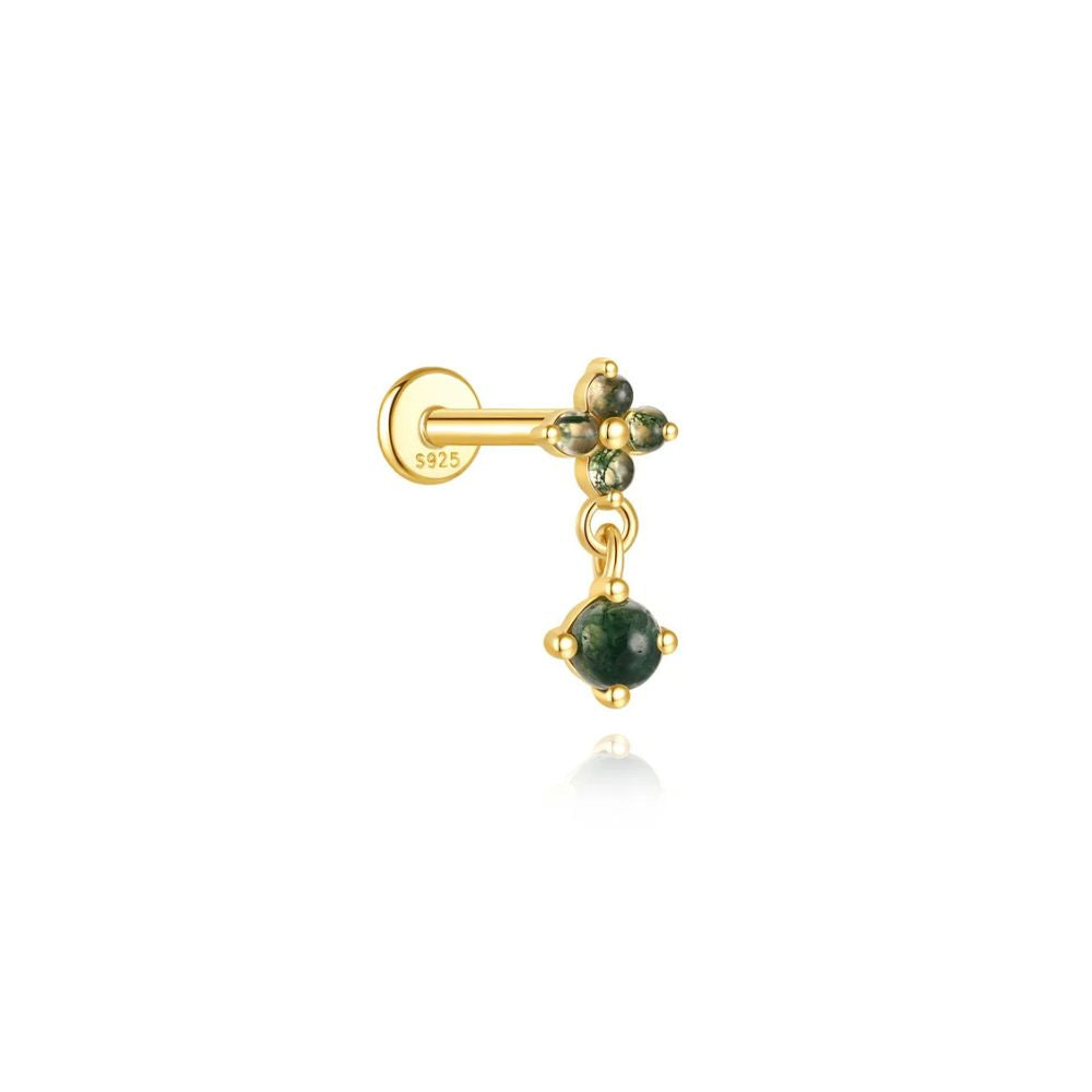 Drop earring with green stone and clover design in 925 sterling silver gold finish