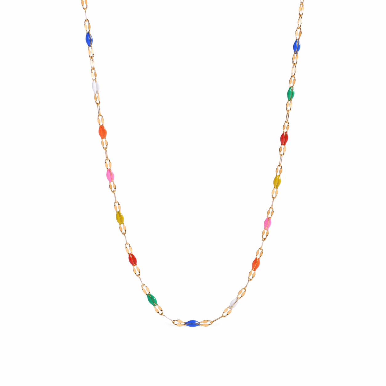 Colorful enamel beaded necklace in gold stainless steel, waterproof chain necklace isolated on white background