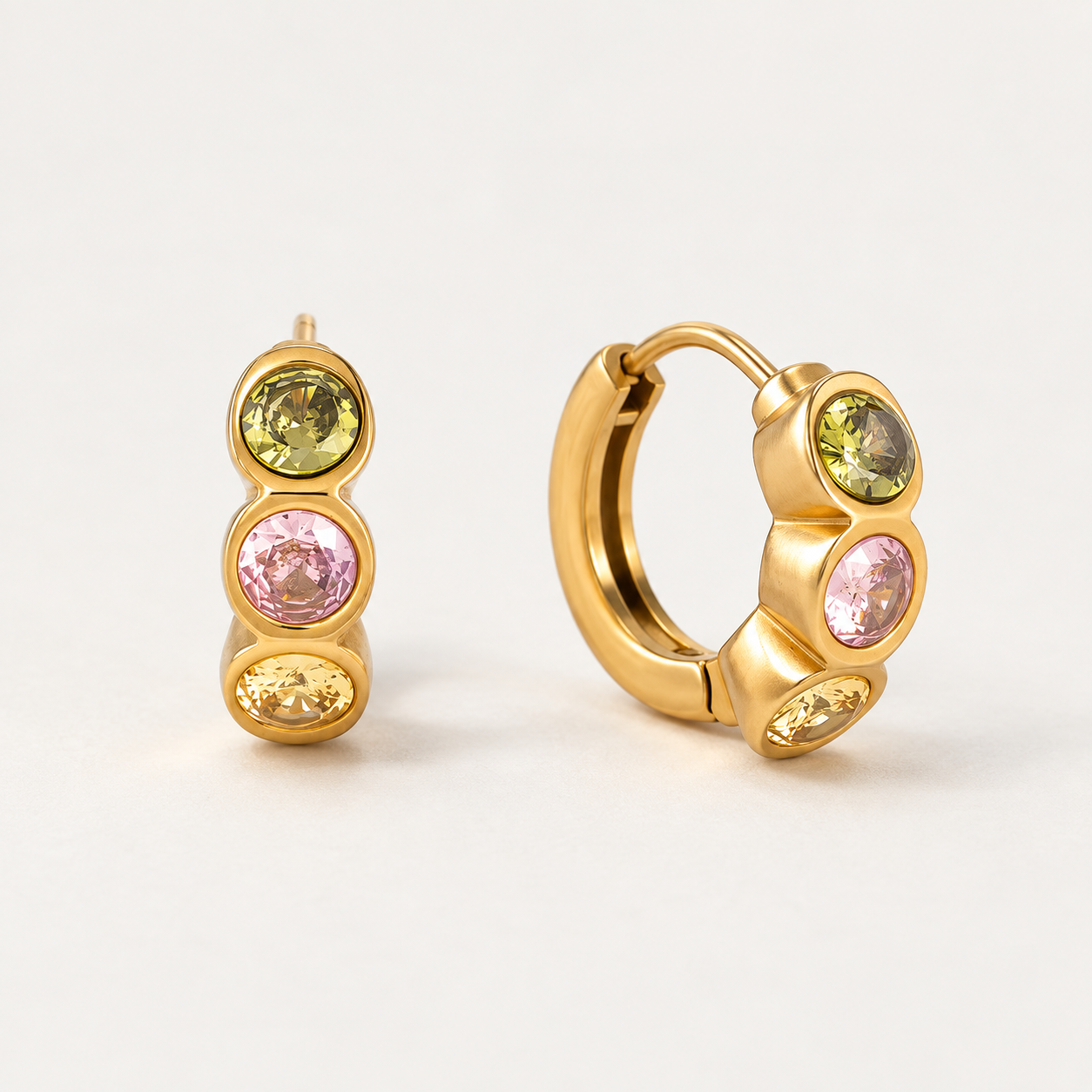 18K gold plated three stone huggie earrings with colorful pink, green and yellow zirconia
