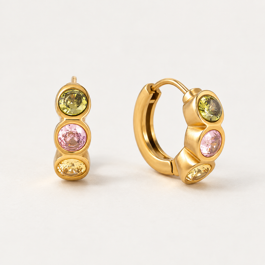 18K gold plated three stone huggie earrings with colorful pink, green and yellow zirconia