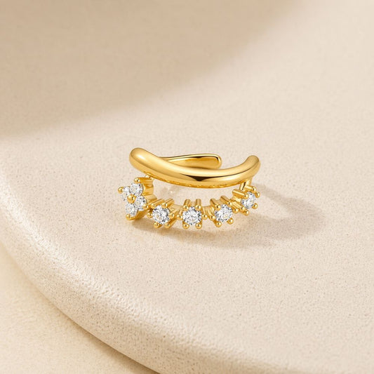 Gold ear cuff no piercing with pavé cubic zirconia, clip-on cartilage earring curved design