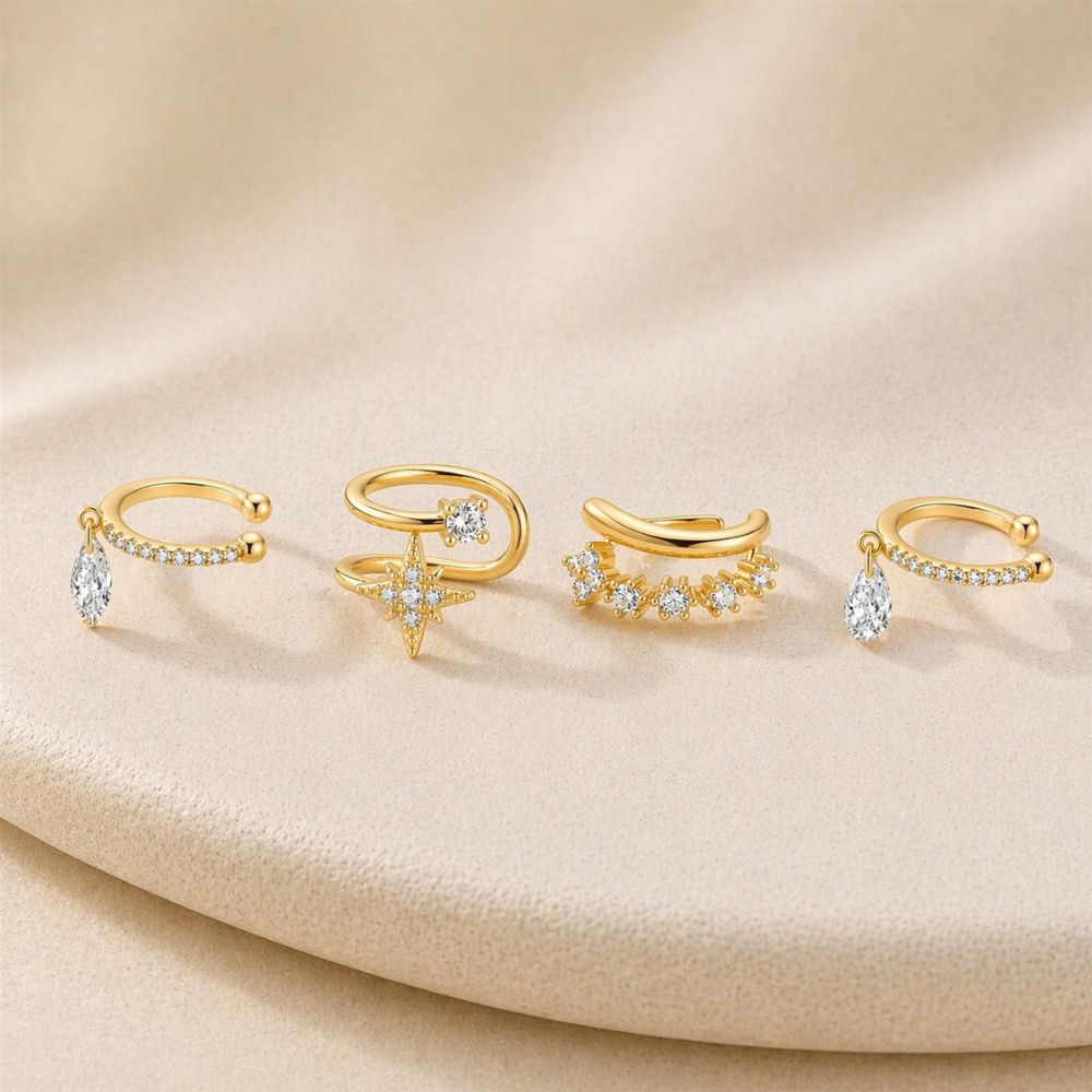 Gold ear cuff no piercing set with crystal designs, clip-on cartilage earrings for helix and conch styling