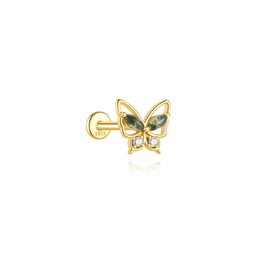 Butterfly stud earring with green stones and crystals in gold plated sterling silver