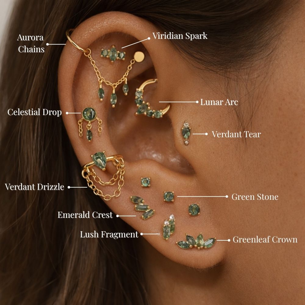 Green ear stack with moss agate earrings including cartilage, helix and lobe piercings in gold finish