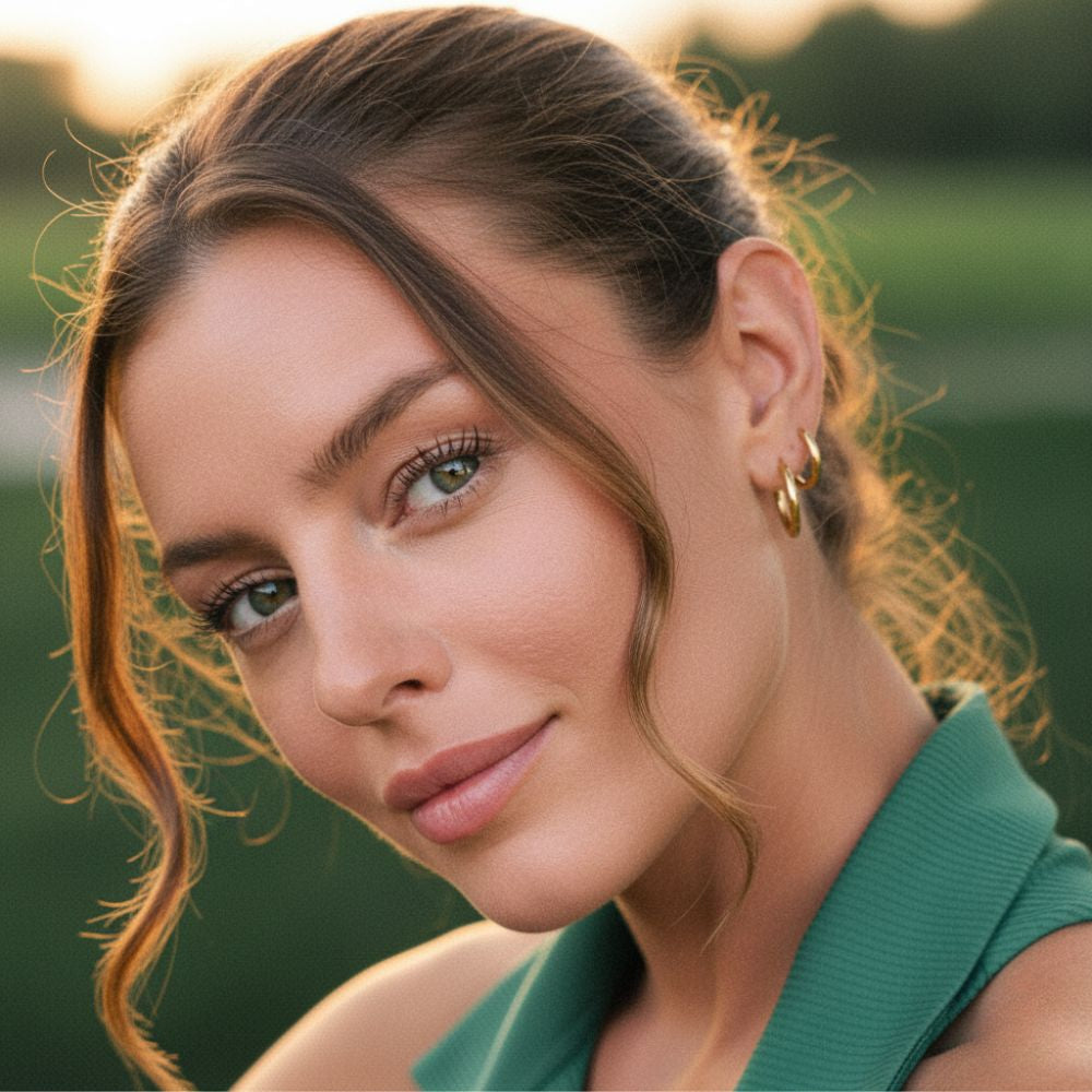 Essential hoop earrings worn outdoors styled with a green outfit