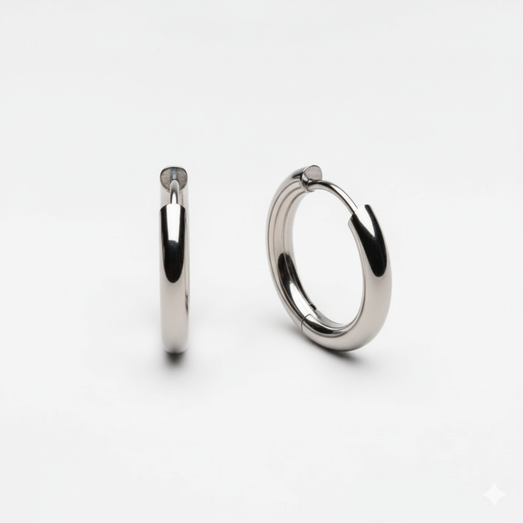Essential silver hoop earrings in stainless steel, minimalist hoop earrings photographed on white background