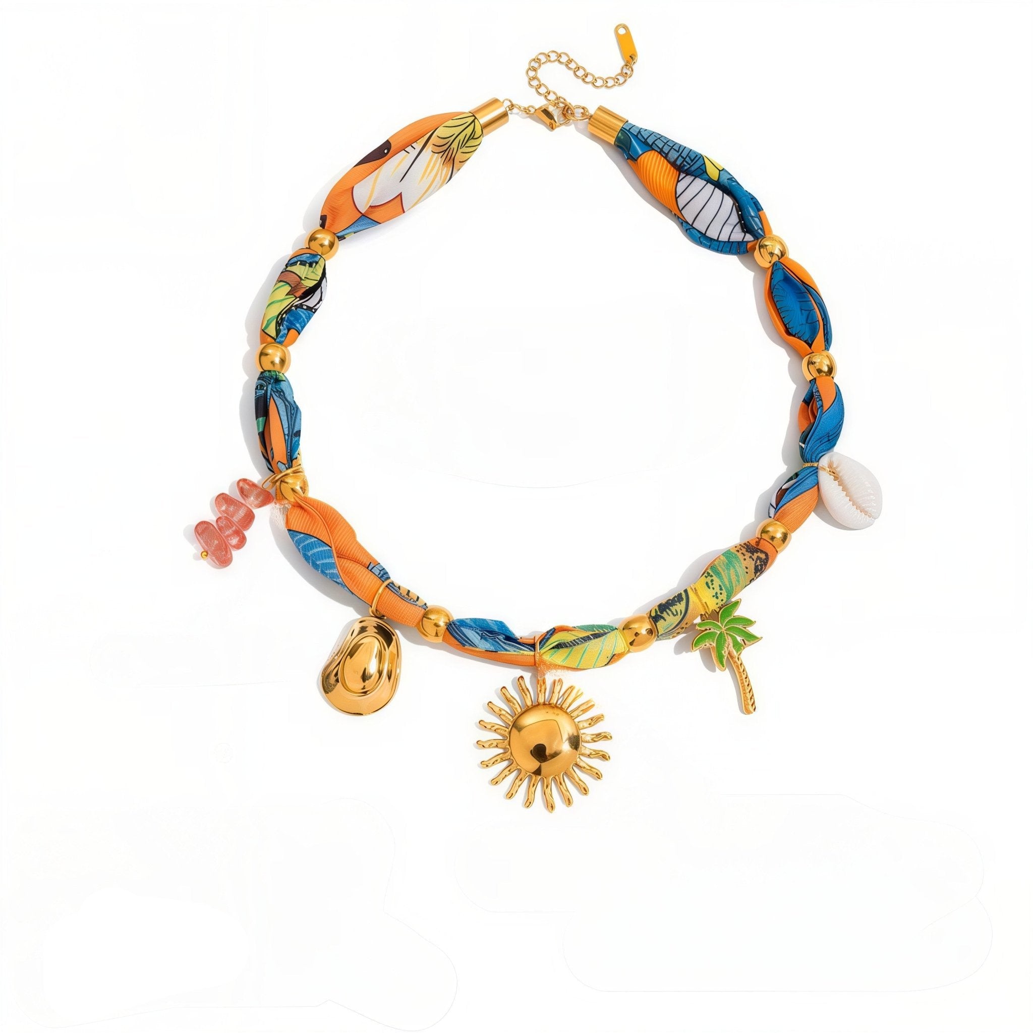 Woman wearing a fabric choker with gold-plated tropical charms, styled for a sunny vacation look.