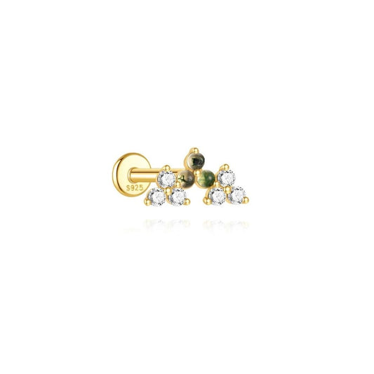 Cartilage stud earring with natural green stones and crystal accents in 925 sterling silver gold finish
