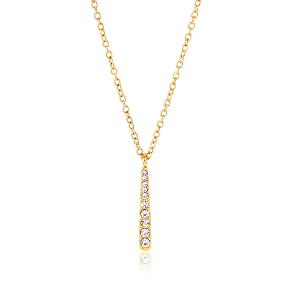 Front view of gold bar pendant necklace in stainless steel with crystal detail
