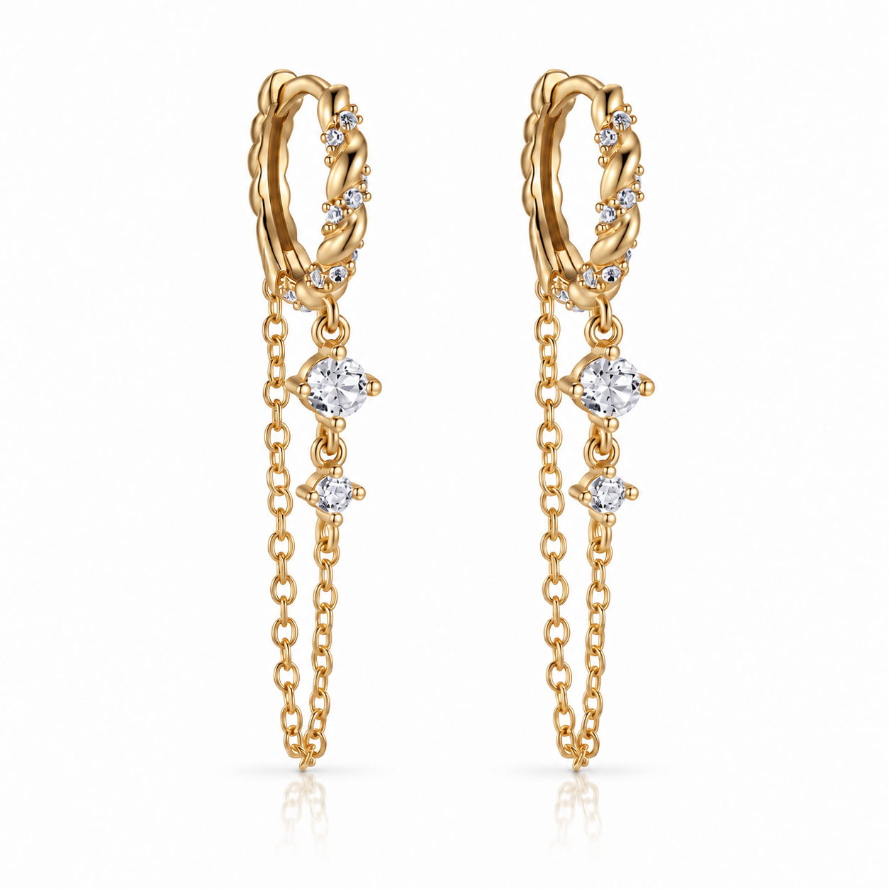 Pair of gold crystal chain drop earrings with twisted hoops and cubic zirconia