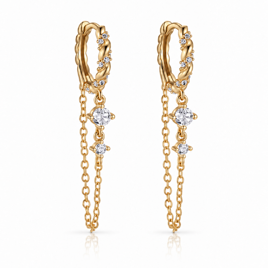 Pair of gold crystal chain drop earrings with twisted hoops and cubic zirconia
