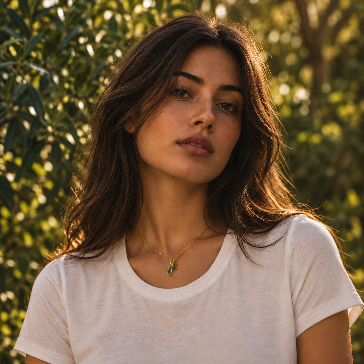 Woman wearing a gold double emerald green pendant necklace with a white T-shirt in a shaded garden.