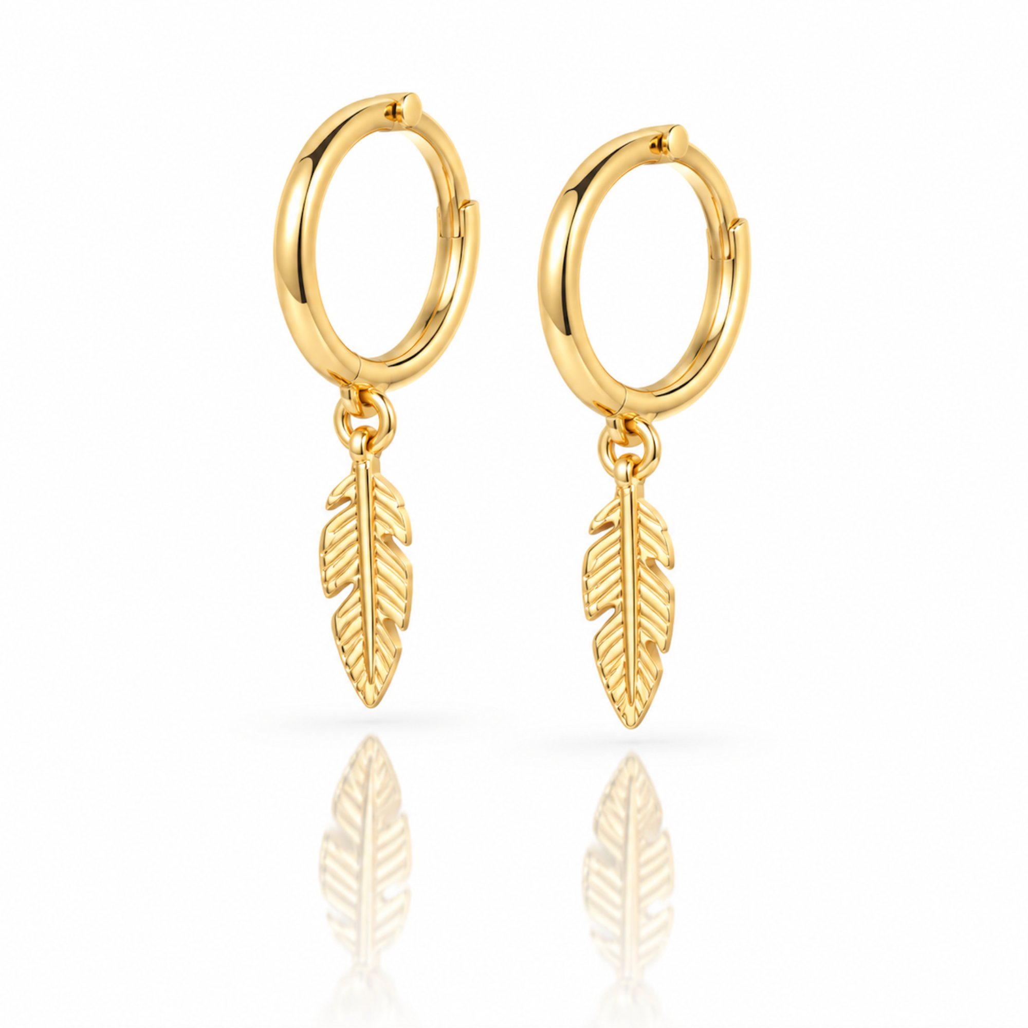 Pair of gold plated feather charm hoop earrings in 925 sterling silver