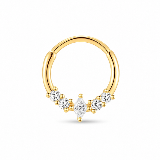 Gold marquise daith hoop earring with cubic zirconia stones isolated on white background