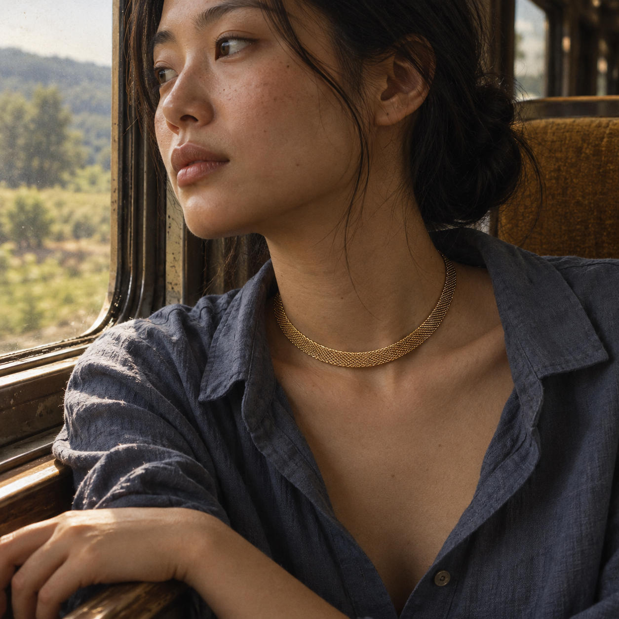 gold-mesh-choker-necklace-train.png	Woman wearing a gold mesh choker necklace with an open blue shirt beside a vintage train window.