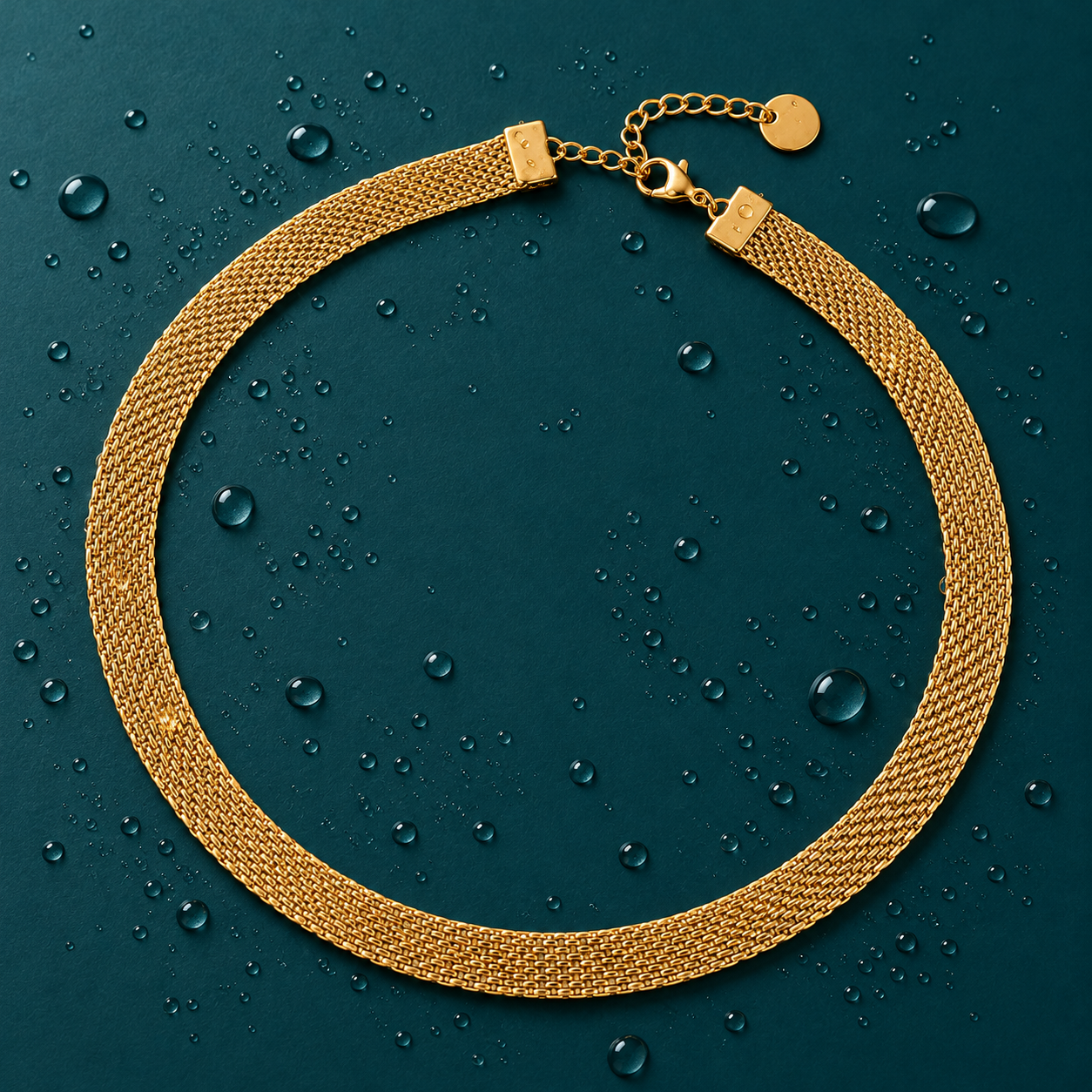 Gold mesh choker necklace with lobster clasp and extension chain on a teal background with water droplets.