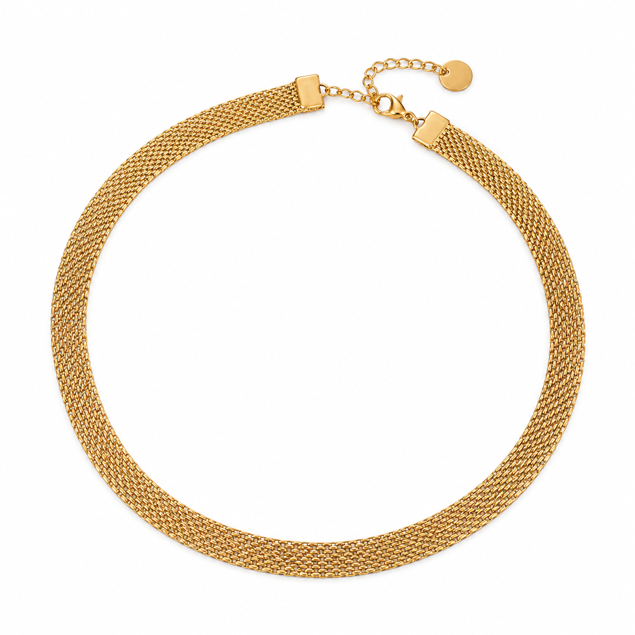 Gold mesh choker necklace on a white background, showing the woven chain, lobster clasp and extender.