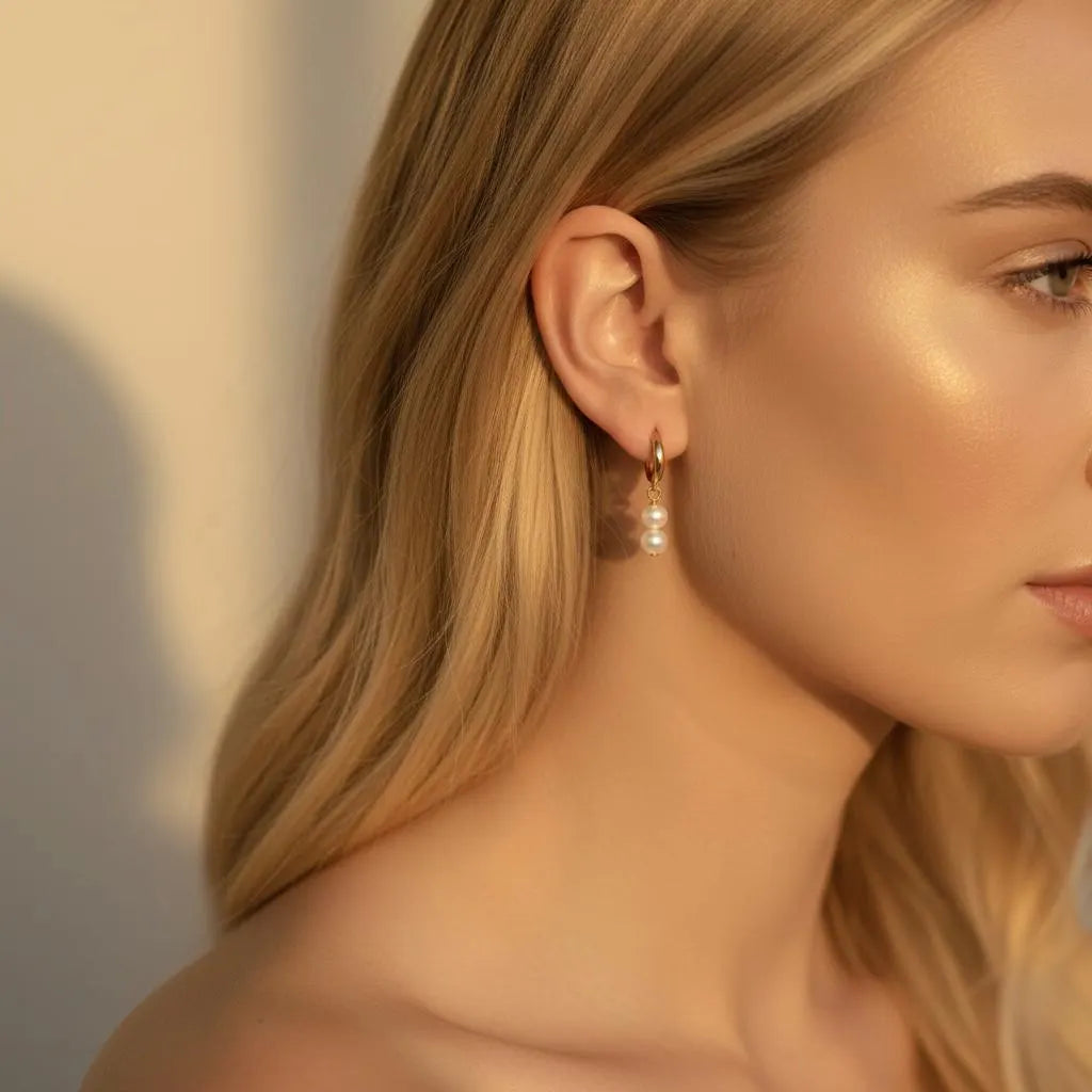 Dainty gold hoop earrings with two pearls, worn by blonde woman